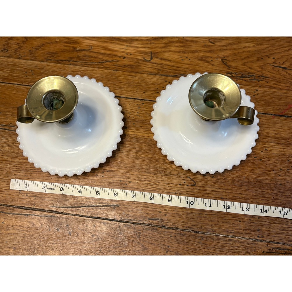 Pair of Vintage Brass & Hobnail Milkglass Chamberstick Candlestick Holders - Picture 6 of 6